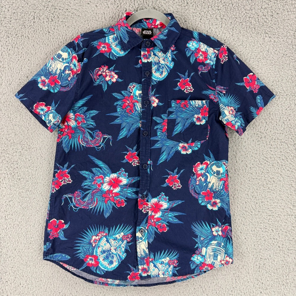 Star Wars Aloha Shirt Mens S Blue Floral R2-D2 Millennium Falcon Button Down